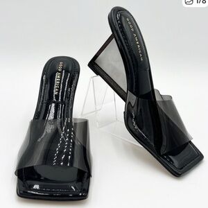 GOOD AMERICAN CINDERELLA BLACK LUCITE SLIP ON MULE WEDGE SANDALS SZ 7.5